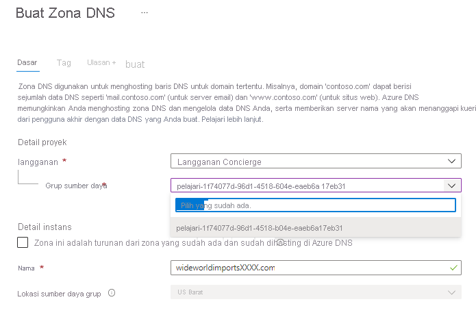 Screenshot of Create DNS zone page.