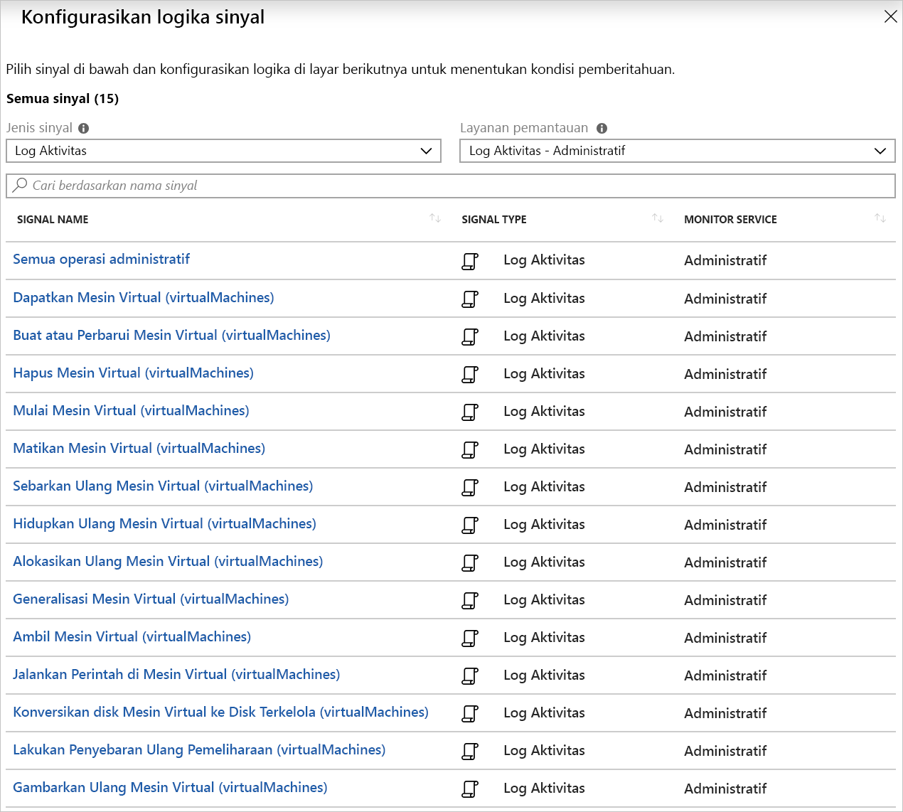 Cuplikan layar logika sinyal untuk pemberitahuan log aktivitas yang terkait dengan VM.