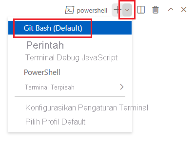  Tangkapan layar jendela terminal Visual Studio Code, dengan menu dropdown shell terminal ditampilkan dan Git Bash Default dipilih. 