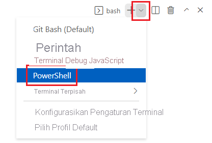 Cuplikan layar jendela terminal Visual Studio Code, dengan daftar dropdown shell terminal ditampilkan dan PowerShell dipilih.