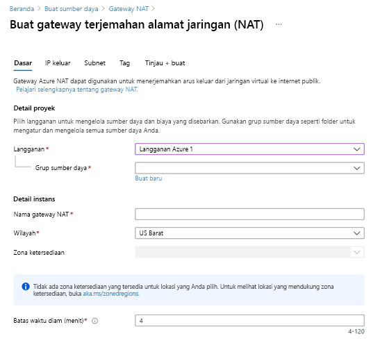 Screenshot of the Create network address translation (NAT) gateway window.