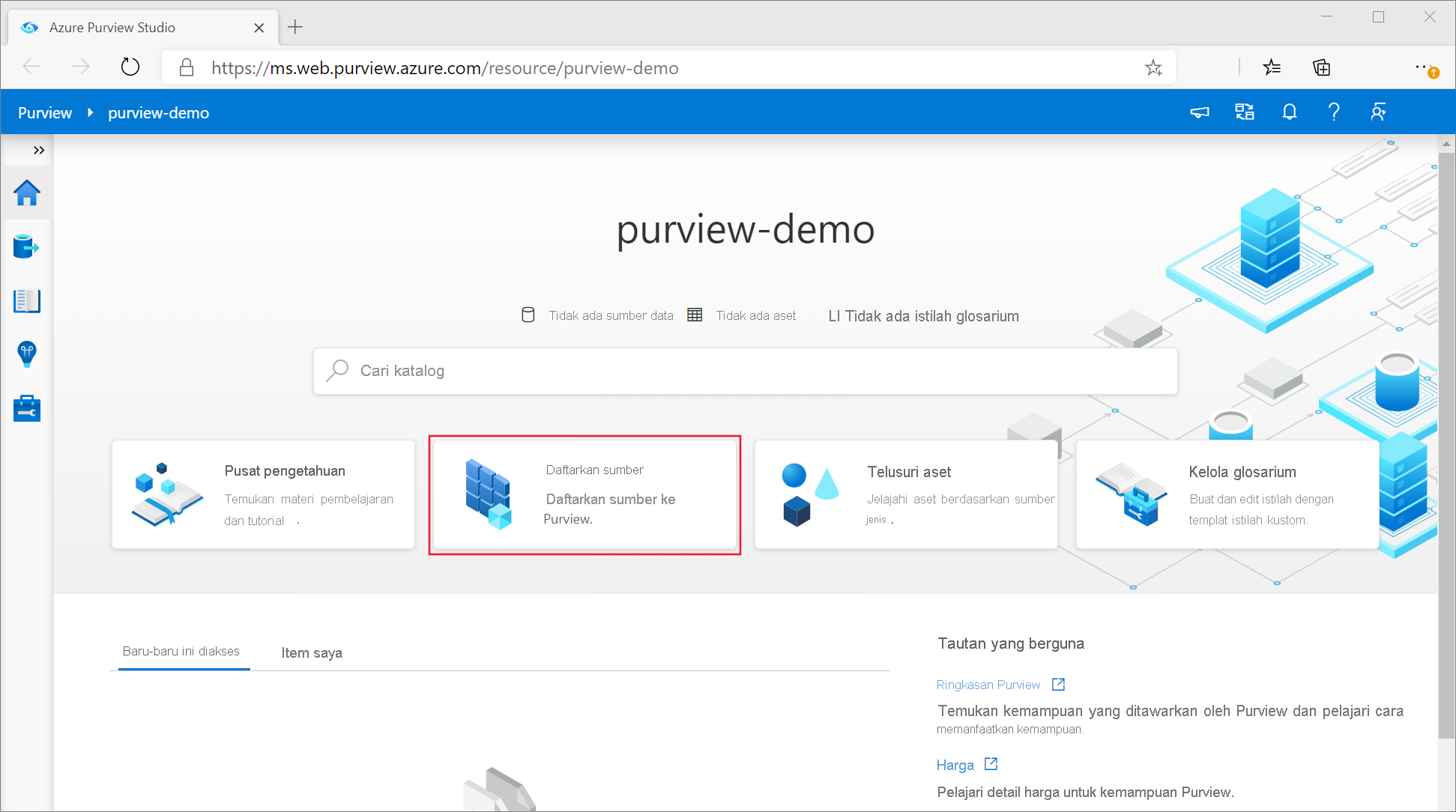 Screenshot that shows the Microsoft Purview governance portal. The portal includes the name of the Microsoft Purview account along with options to select, including Knowledge center, Register sources, Browse assets, and Manage glossary.