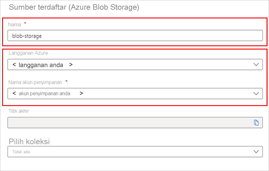 Screenshot that shows the dialog to register an Azure Blob Storage source for Microsoft Purview. The dialog has entries for a name, Azure subscription name and storage account name, an endpoint, and a collection to which to add the source.