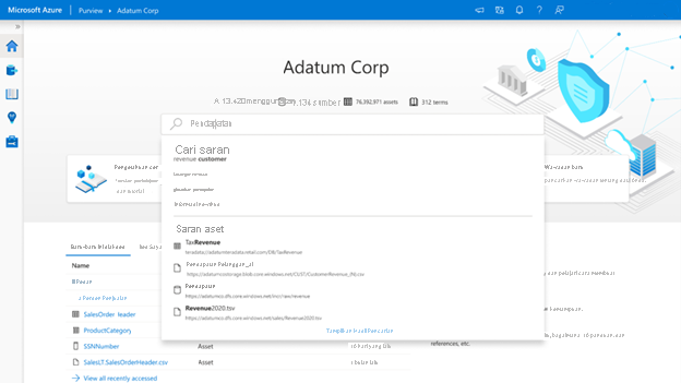Screenshot that shows the fictional company Adatum Corporation by using the search function of Microsoft Purview.
