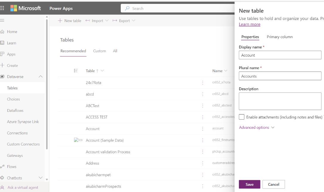 Screenshot of how to create an Account table.