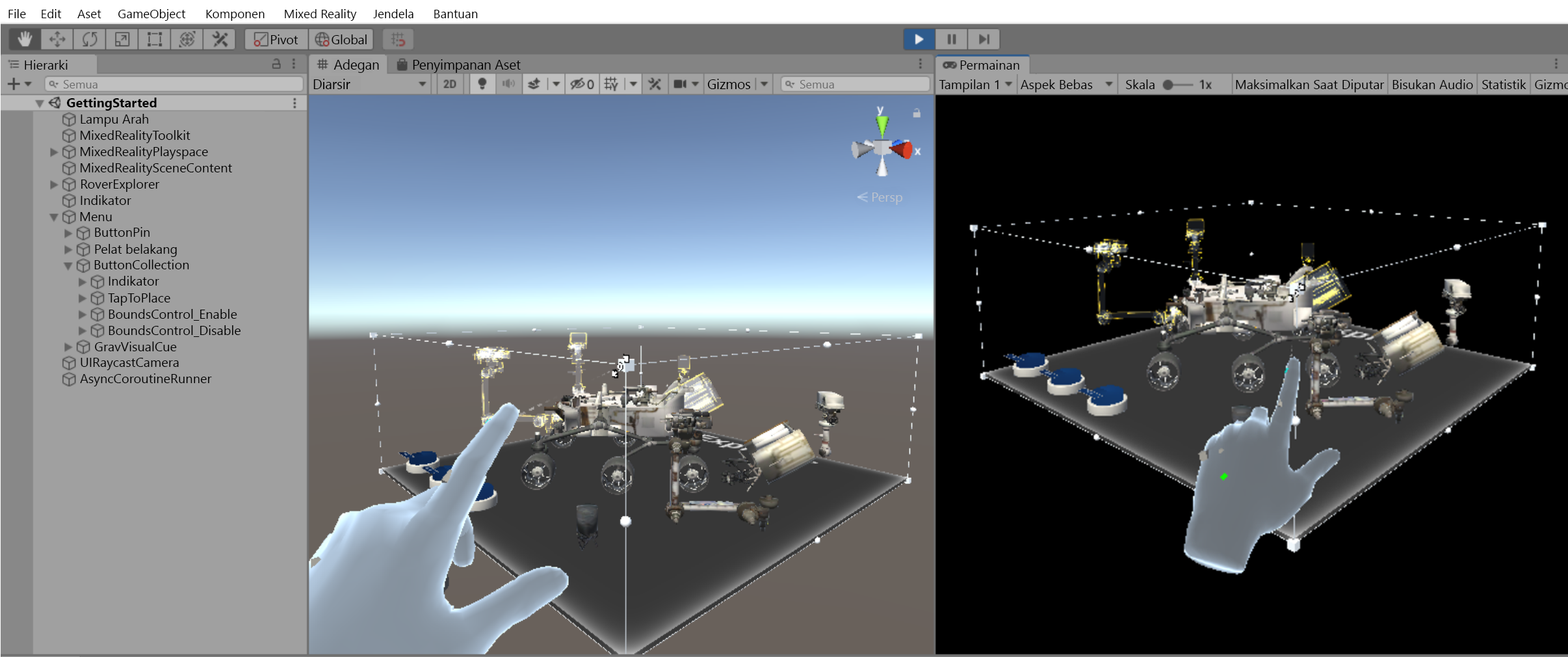 Cuplikan layar tangan yang disimulasikan memanipulasi hologram.