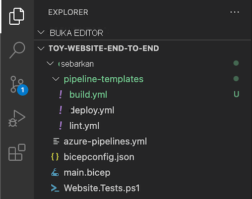 Screenshot of Visual Studio Code Explorer, with the pipeline-templates folder and the 'build.yml' file shown.