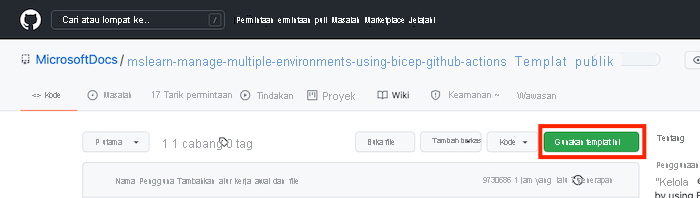 Screenshot of the GitHub interface showing the template repo, with the 'Use this template' button highlighted.