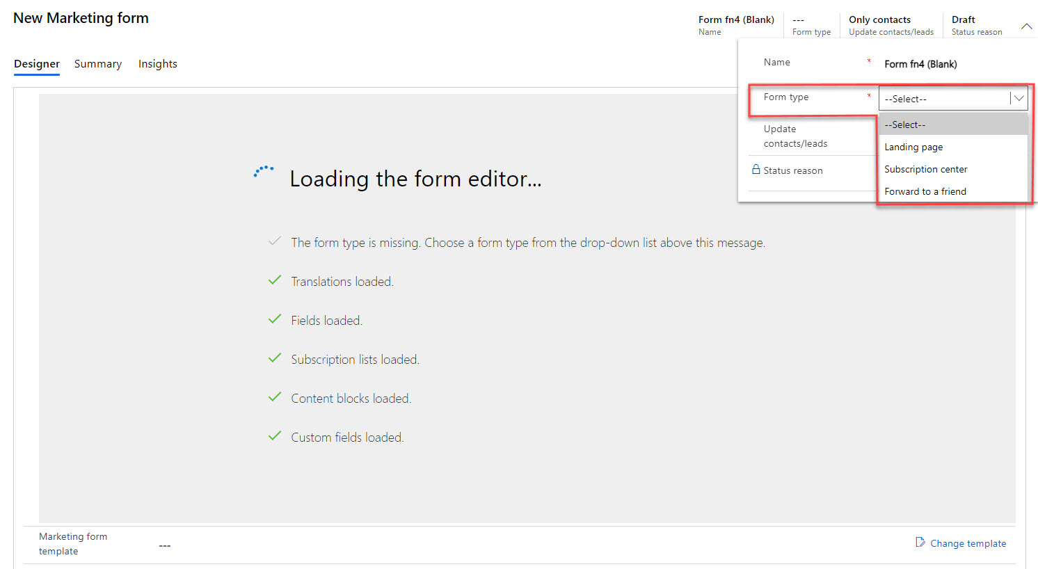Screenshot of the New Marketing form page displaying the Designer tab.