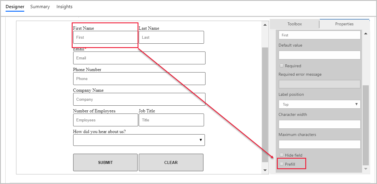 Screenshot of the enable prefill marketing form field.