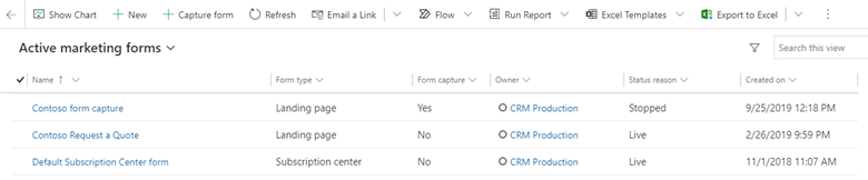 Screenshot of a list of the active marketing forms.