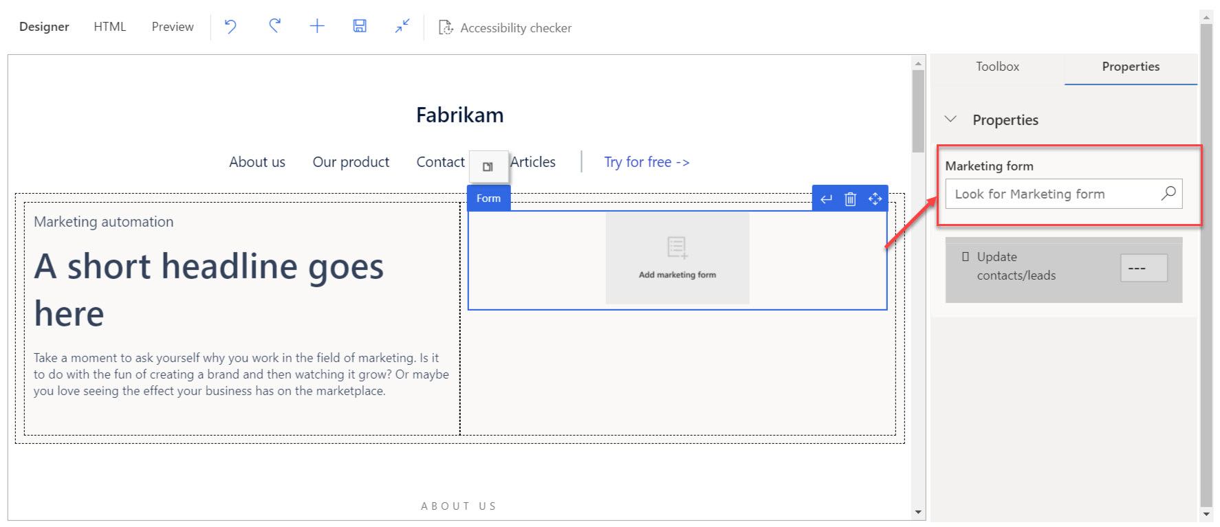 Screenshot of how to add a marketing form to a page.