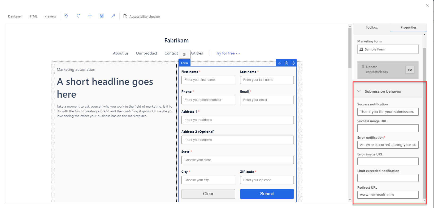 Screenshot of the marketing form submissions settings.