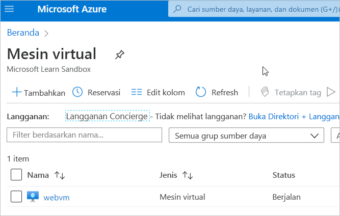 Screenshot of the Azure portal listing of virtual machines displaying webvm.