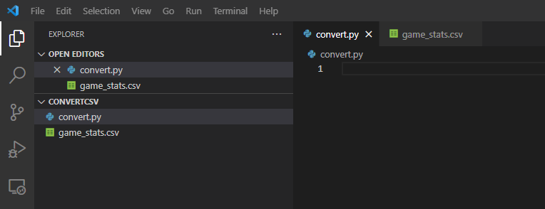Cuplikan layar Visual Studio Code hanya menampilkan File Explorer dengan dua file dan sebagian panel editor dengan file Python kosong.