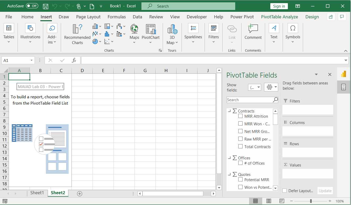 Cuplikan layar buku kerja Excel Baru yang tersambung ke MAIAD Lab 03 di layanan Power BI menampilkan ruang kerja Tabel Pivot baru dan Bidang PivotTable.