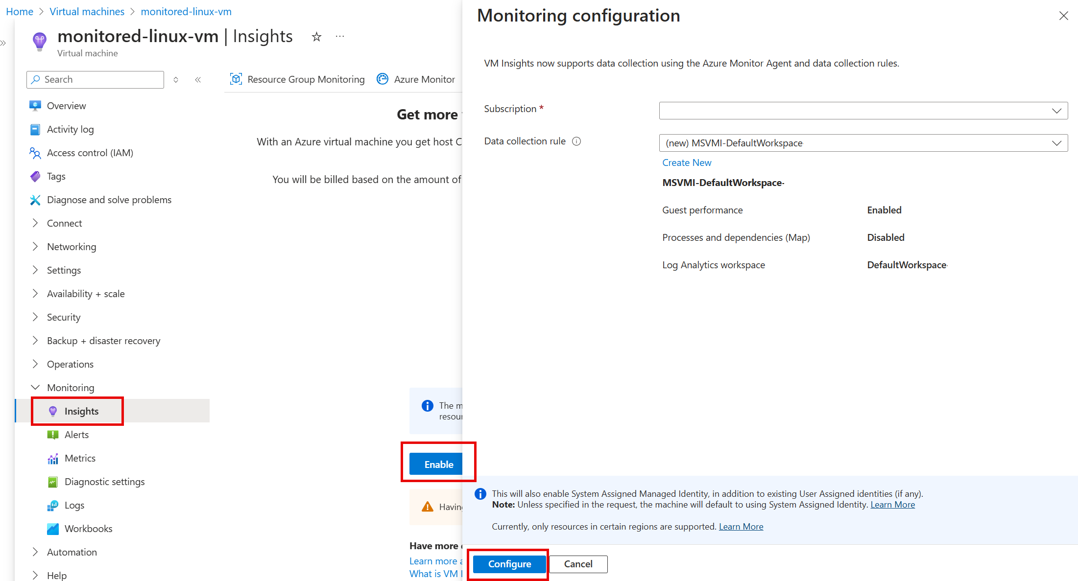 Screenshot that shows enabling and configuring VM insights.