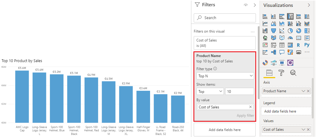 Cuplikan layar menggunakan jenis filter untuk menemukan N Teratas.
