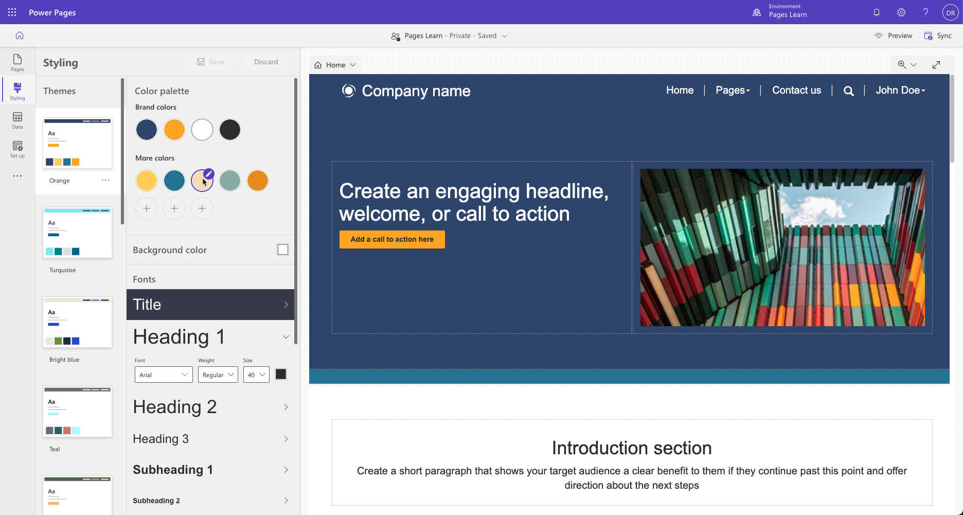 Screenshot of the selection of themes in Power Pages design studio.