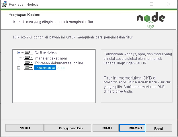 Screenshot displaying the custom install of Node.js options in wizard.