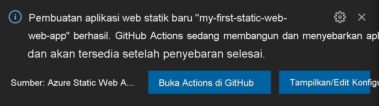 Screenshot of the confirmation code asking the user to open actions in GitHub or View/Edit Configure.