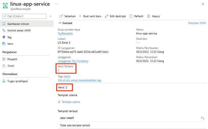 Screenshot of the Azure portal that shows the template spec details.