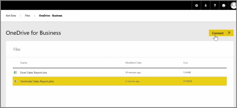 Cuplikan layar OneDrive for Business memilih file PBIX.