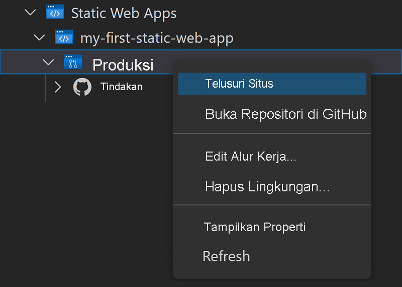 Screenshot showing how to use the Visual Studio Code extension to browse the static web app.