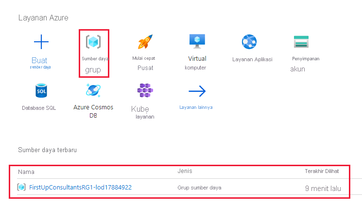 Screenshot of the Azure portal that shows how to search for resource groups.