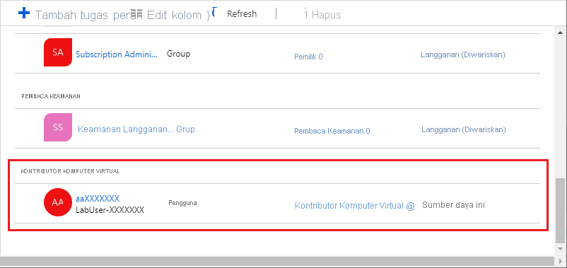 Screenshot that shows the Virtual Machine Contributor role assigned to a user.