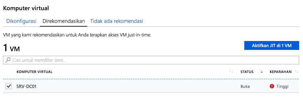 Screenshot that depicts how you can enable JIT VM Access for a selected VM.