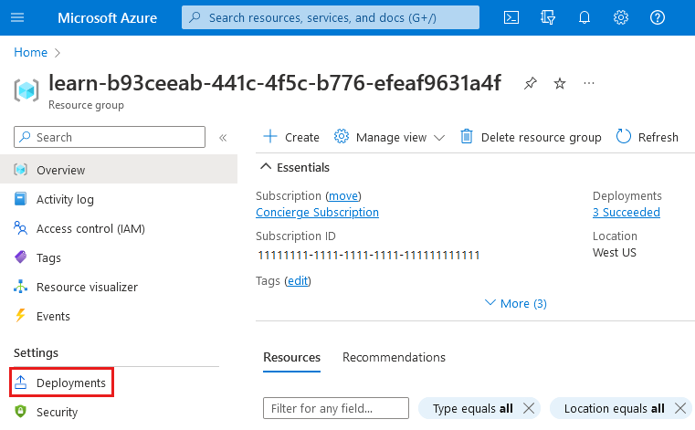 Screenshot of the Azure portal that shows the resource group, with the Deployments menu item highlighted.