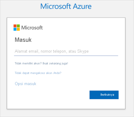 Cuplikan layar yang memperlihatkan halaman masuk Azure.