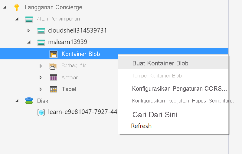 Cuplikan layar yang menunjukkan opsi menu pintasan untuk folder Kontainer Blob.