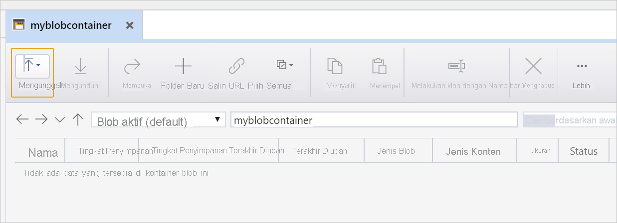 Cuplikan layar yang menunjukkan konten dan detail kontainer blob myblobcontainer baru.