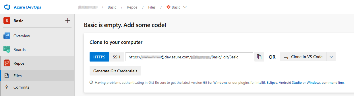 Screenshot of the Clone URL in Azure DevOps.