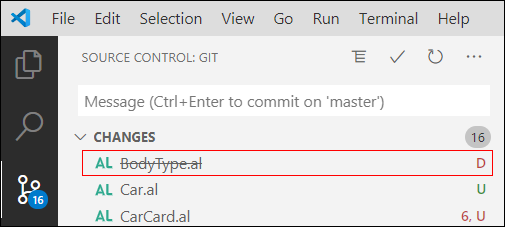 Screenshot of a deleted file marked with D in the working directory.