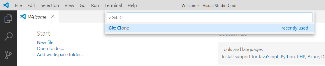 Screenshot of the search for Git: Clone in Visual Studio Code.