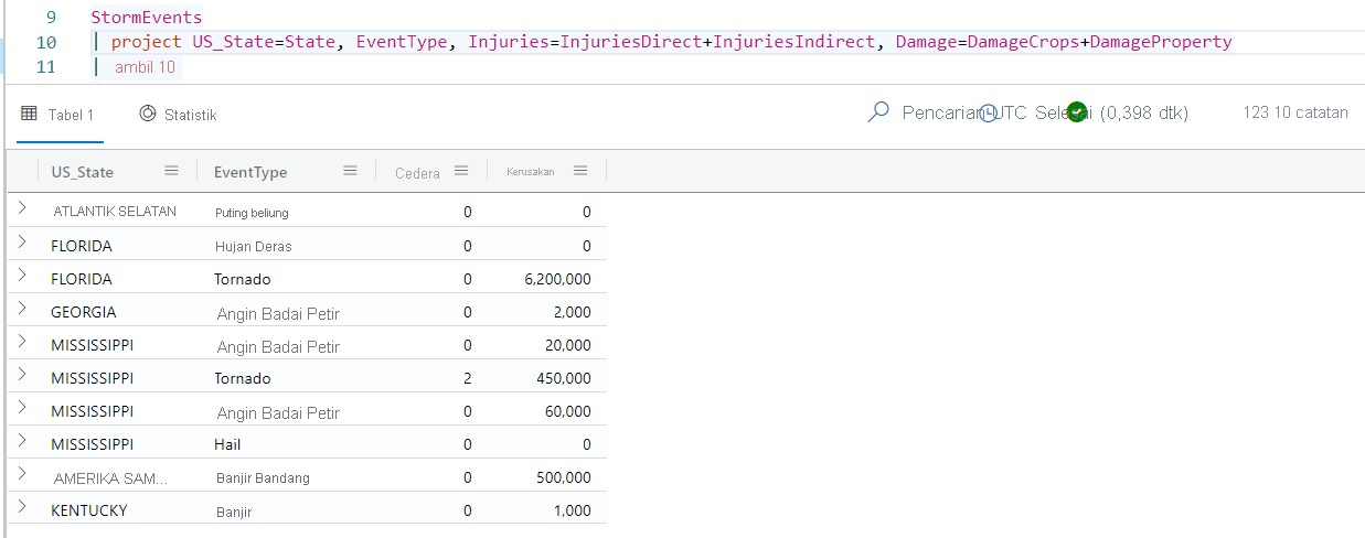 Screenshot of query results for a project operator that renames columns.