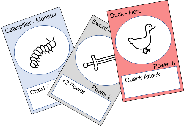 Screenshot of fictional cards from a trading card game.