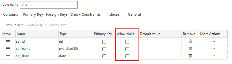 Screenshot showing how to uncheck all the checkboxes for the sets table for allow nulls.