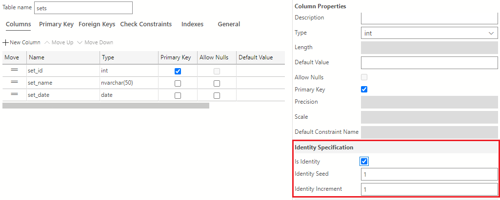 Screenshot showing how to select the checkbox for Is Identity in the Column Properties area for the sets table. The values in the Identity Seed and Identity Increment field should be set to 1.