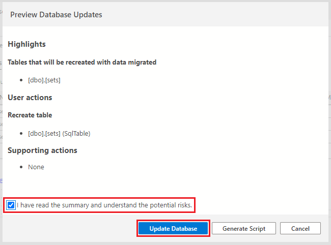 Screenshot showing how to select the Update Database button to submit the changed to the sets table to the database.