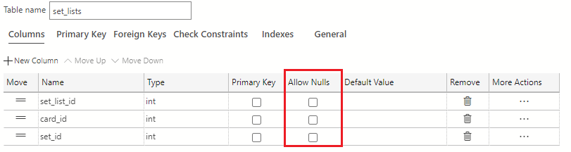 A screenshot showing how to uncheck all the checkboxes for the set_lists table for allow nulls.