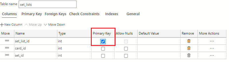 A screenshot showing how to select the checkbox for set_list_id to make this the primary key for the table.