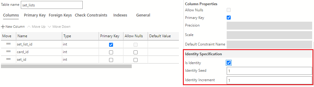 Screenshot showing how to select the checkbox for Is Identity in the Column Properties area for the set_lists table. The values in the Identity Seed and Identity Increment field should be set to 1.