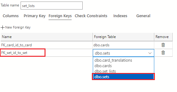 Screenshot showing how to enter FK_set_id_to_set and use the Foreign Table drop-down to select dbo.sets.