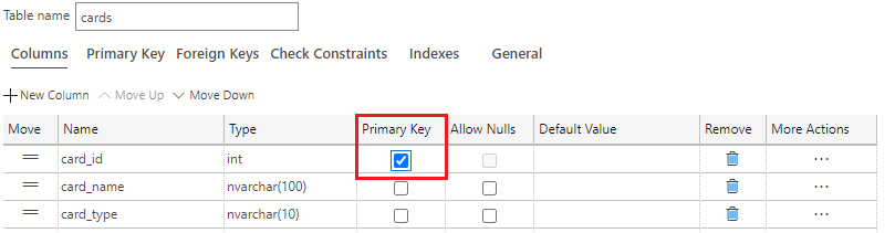 Screenshot showing how to select the checkbox for card_id to make this the primary key for the table.