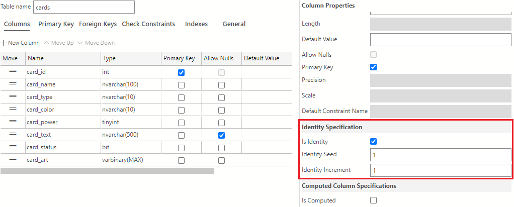 Screenshot showing how to select the Is Identity checkbox in the Column Properties area for the cards table. The values in the Identity Seed and Identity Increment field should be set to 1.