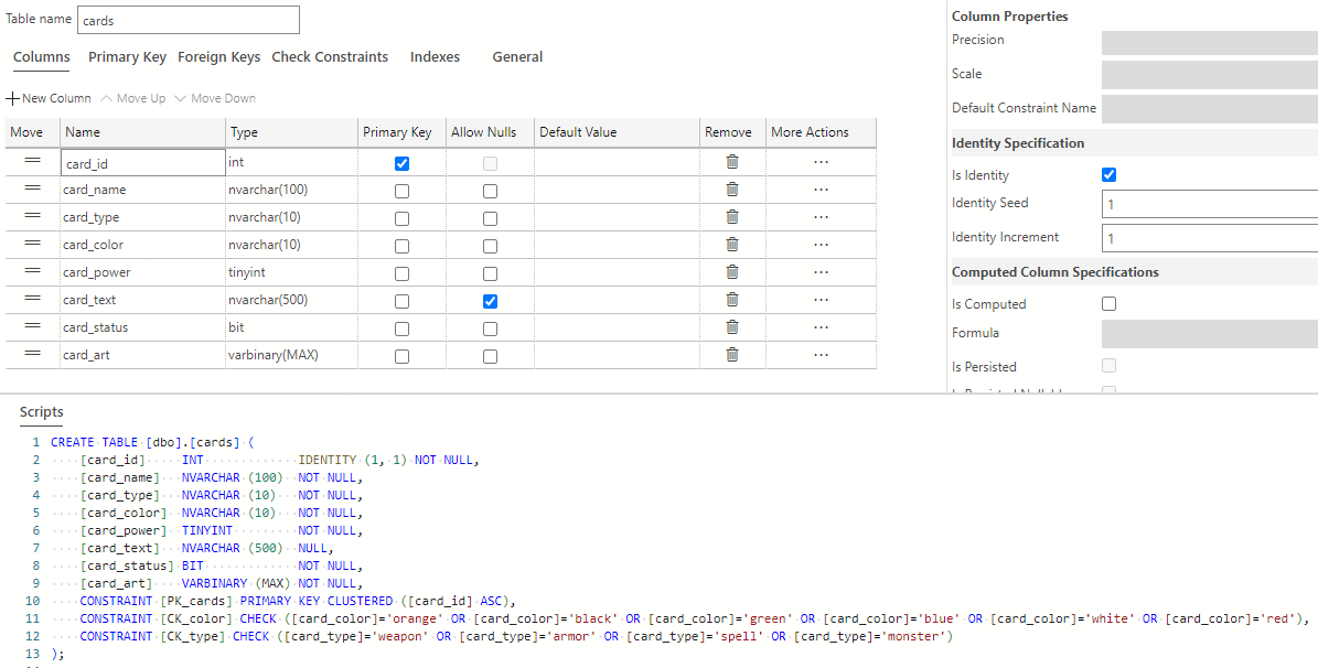 Screenshot of the completed cards table in Azure Data Studio.